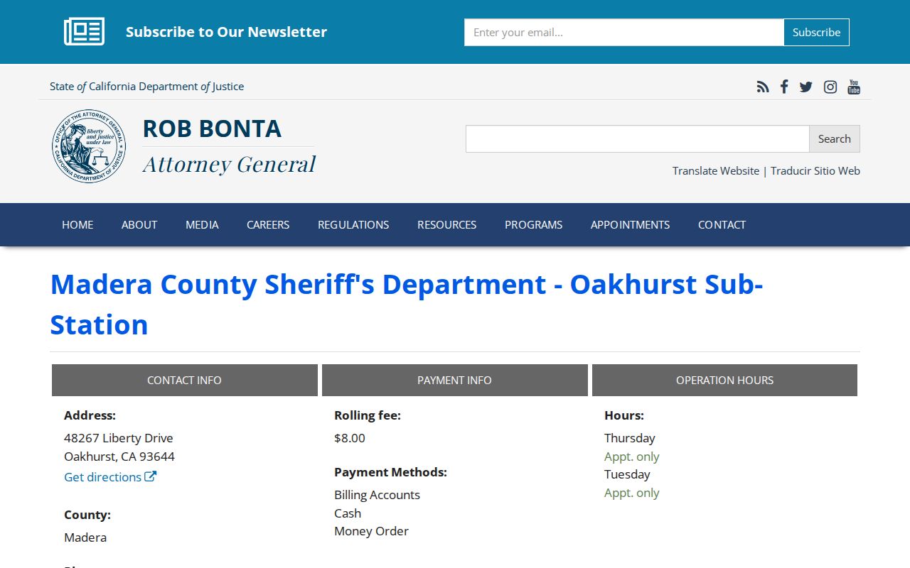 Oakhurst Madera County Sheriff Live Scan listing for arrest history review