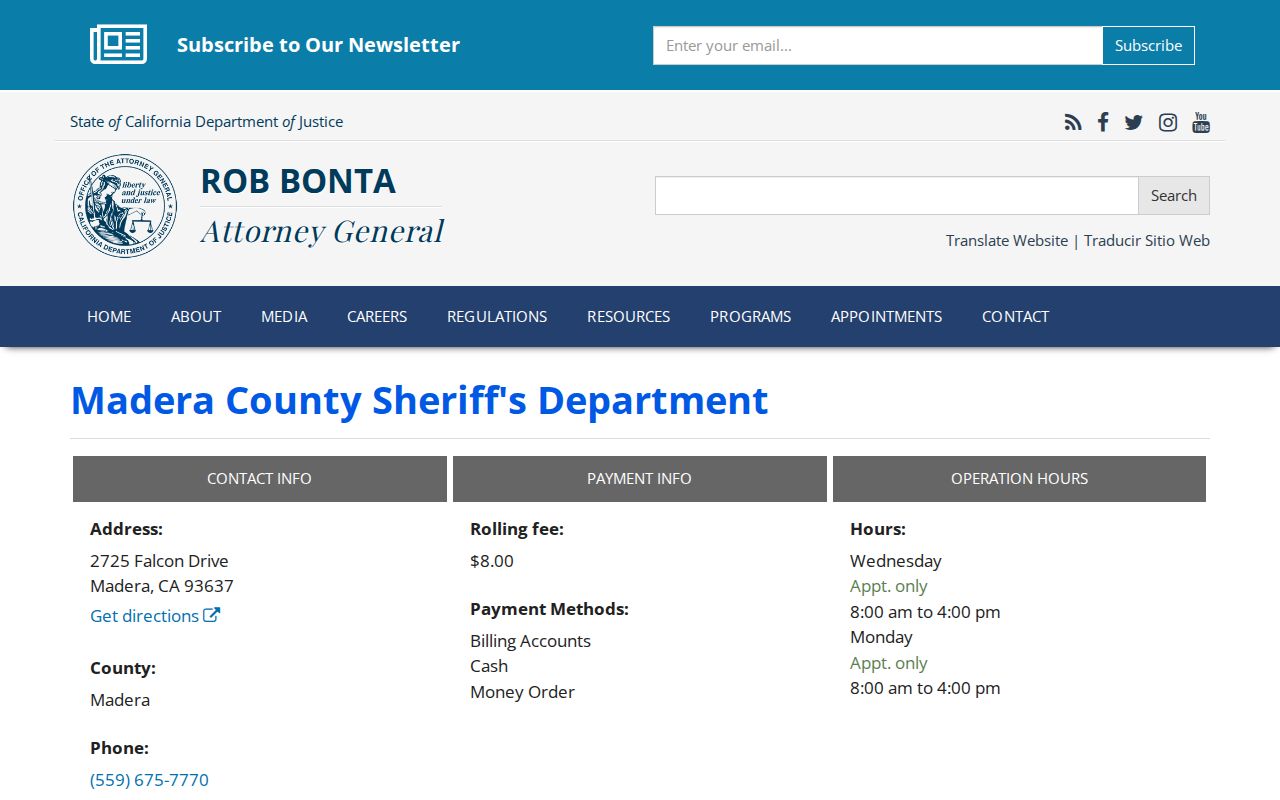 Madera County Sheriff headquarters Live Scan listing for arrest record review