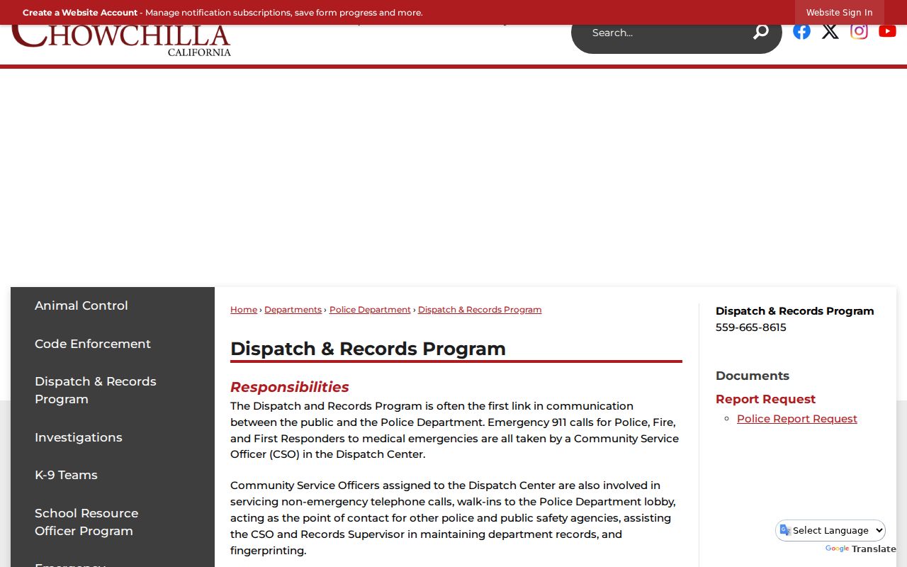 Chowchilla Dispatch and Records Program webpage