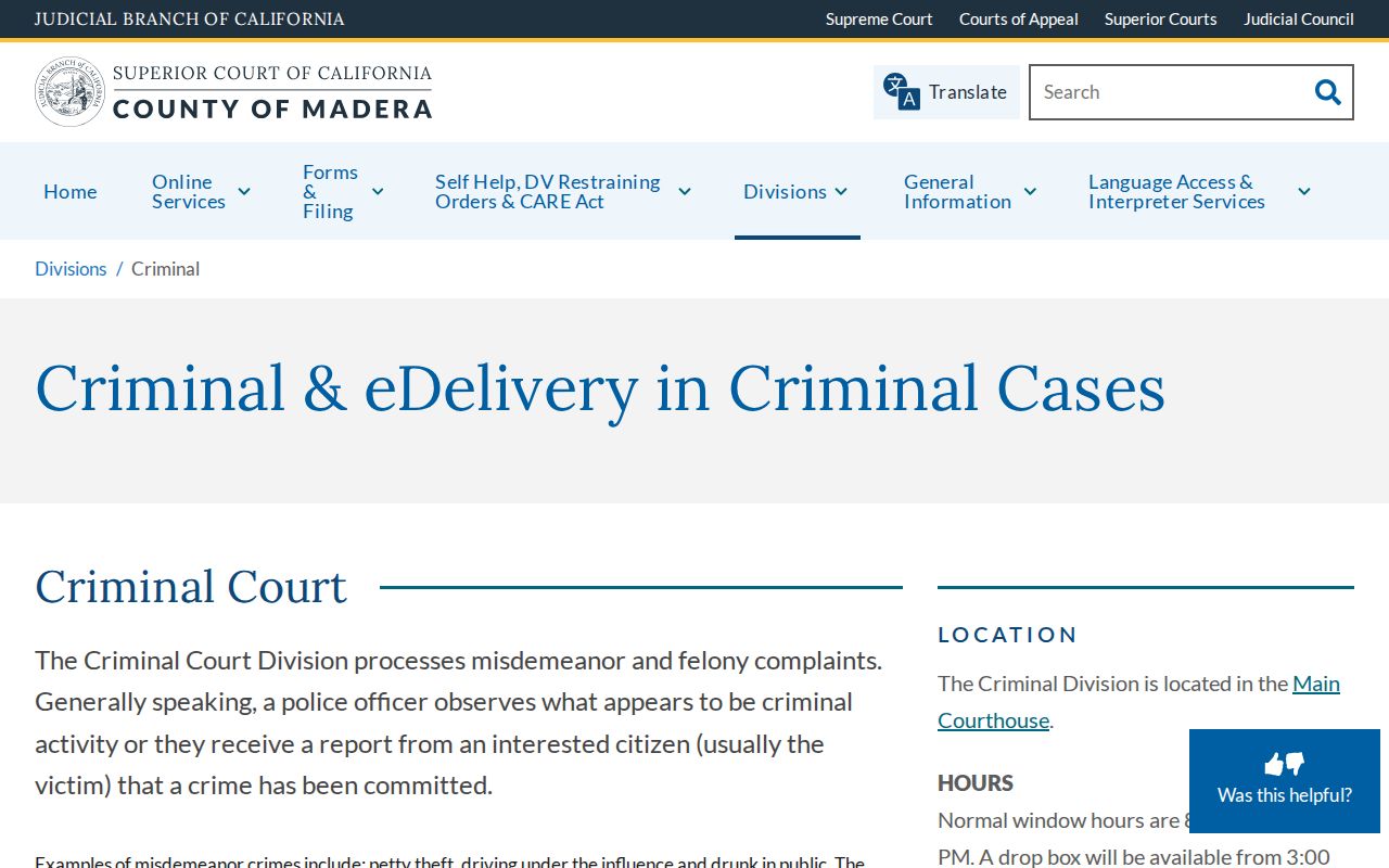 Madera County criminal court case Criminal Division page