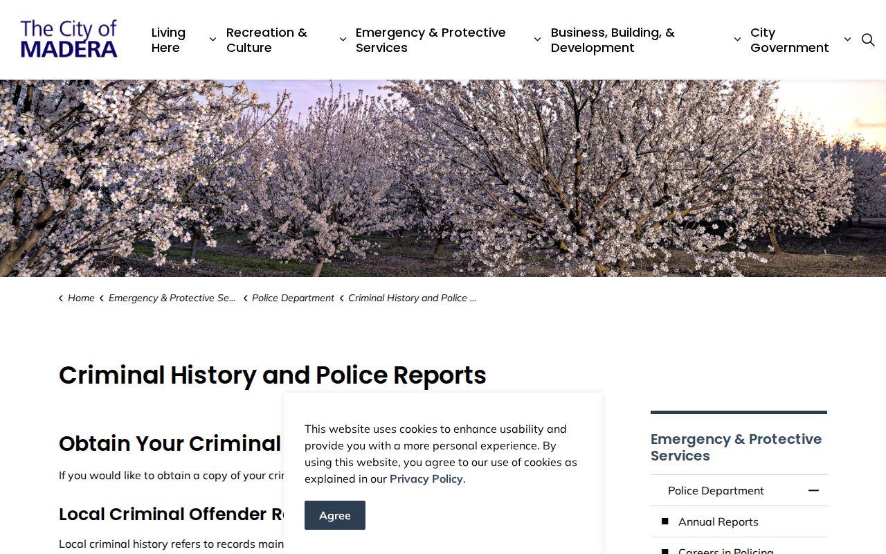 Madera Police criminal history and police report information page